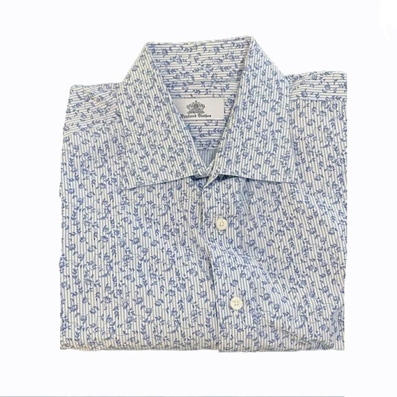 Beautiful Oxxford Custom Made Shirt! XXL 3XWhite & Blue Floral PrintHandmade